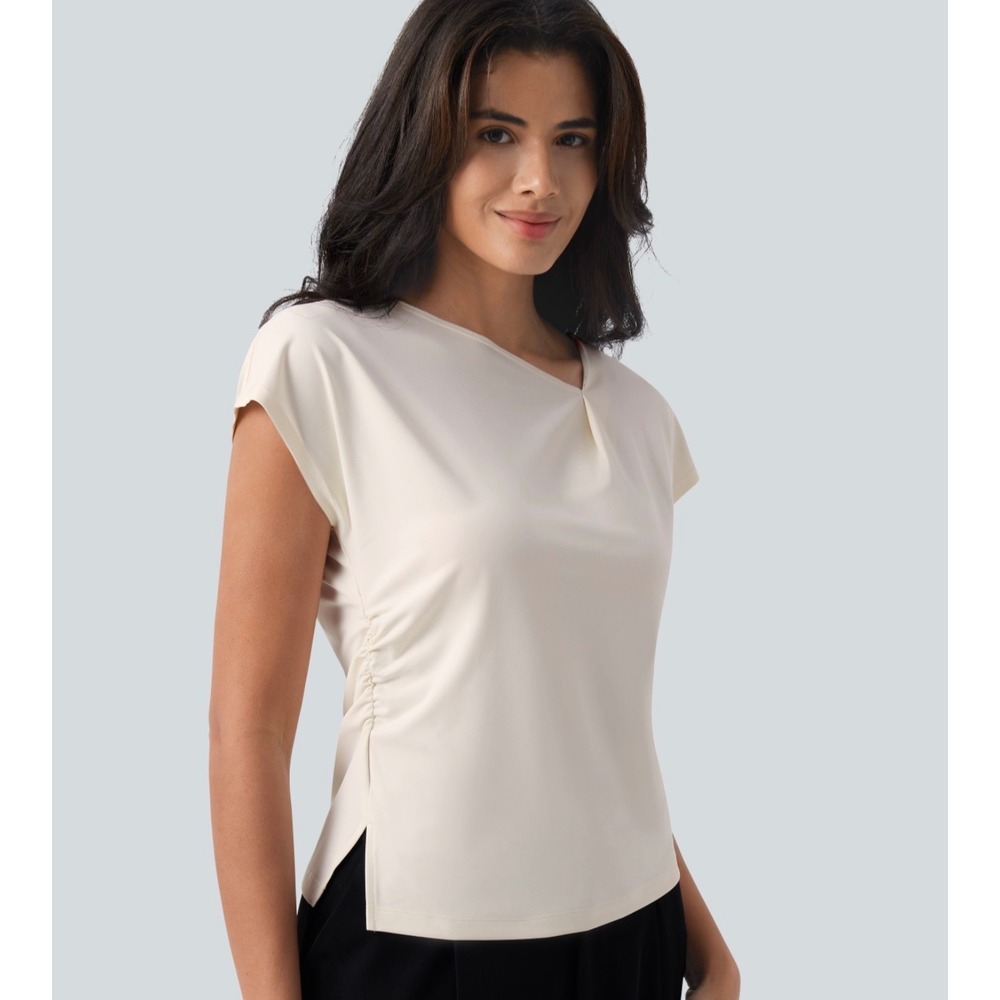 Halara Asymmetric Cowl Neck Short Sleeve Ruched Split Hem Work Blouse Cream L
